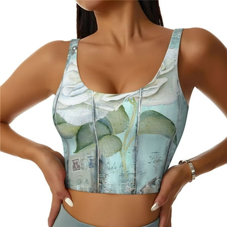 Jgfou Vintage Rose1 Print Womens Sports Bra - Padded Workout Sports Bras Crop Tank Top