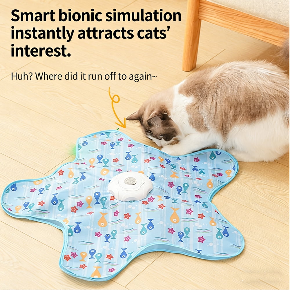 Cat Toy Mat: Automatic Interactive Star-Shaped Cat Teaser Mat - 360 °   Irregular Feather Movement, USB Rechargeable (Blue Fish Pattern)