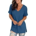 thumbnail image 6 of Summer Blouses for Women Dressy Casual Plus Size Short Sleeve V-Neck Rolled Sleeve Casual Elegant Loose Solid Color, 6 of 6