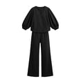 thumbnail image 5 of Womens Casual Two-Piece Outfit V-Neck Long Sleeve Top High Waist Straight Leg Pants with Pockets Cotton Linen Set Black M(M), 5 of 6