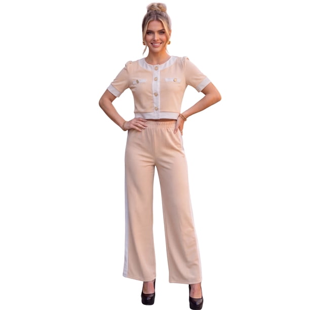 Conjunto Casual para Mujer 2 Piezas Blusa Crop con Botones Decorativos y Pantalón Palazzo de Pierna Ancha