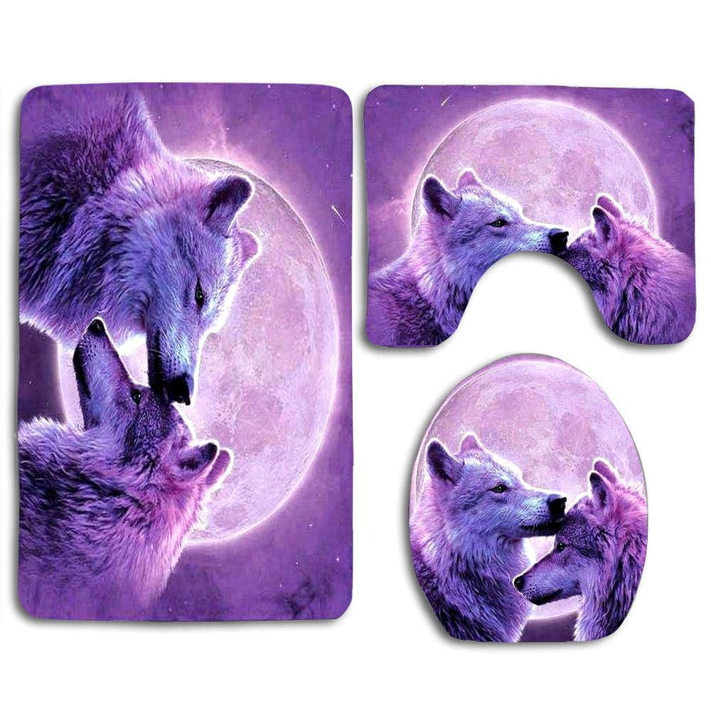 PUDMAD Beautiful Wolves Kiss Purple Moon 3 Piece Bathroom Rugs Set Bath Rug Contour Mat and Toilet Lid Cover