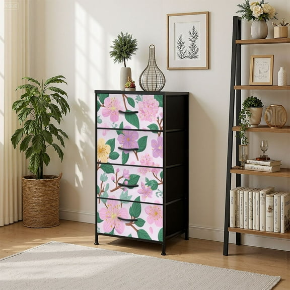 4 Drawer Vertical Storage Dresser Spring Cherry Blossom Hand drawn falling branches with Wood Top Fabric Pull Drawers