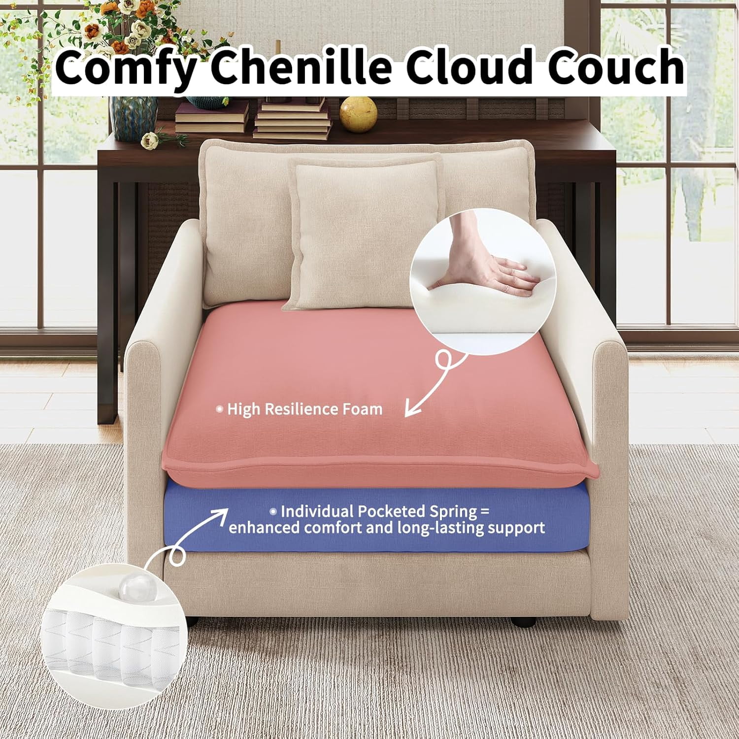 VEPXXP 75.9" Chenille Modular Loveseat, Deep Seat 2-Seater Couch with 4 Throw Pillows, Modern Cloud Sofa for Living Room Apartment Small Space, Beige
