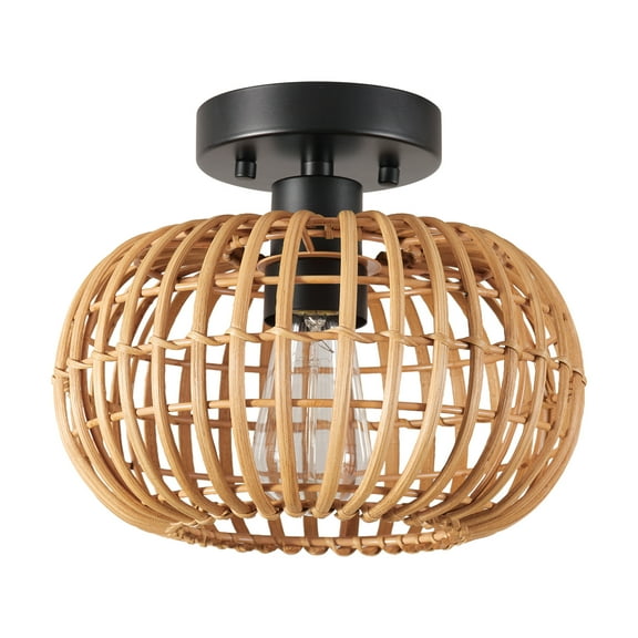 Globe Electric Fitz 1-Light Black Flush Mount Ceiling Light with Rattan Shade, 91000921