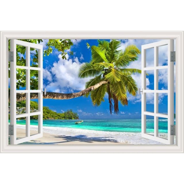 Extraíble 3D Ventana Vista Calcomanías de pared-Árbol de coco Verano Playa Tema Decoración de pared Pegatinas para baño Mural Arte Vinilo Papel tapiz 24 # 34; X36 # 34; MFZFUKR WMCH-534