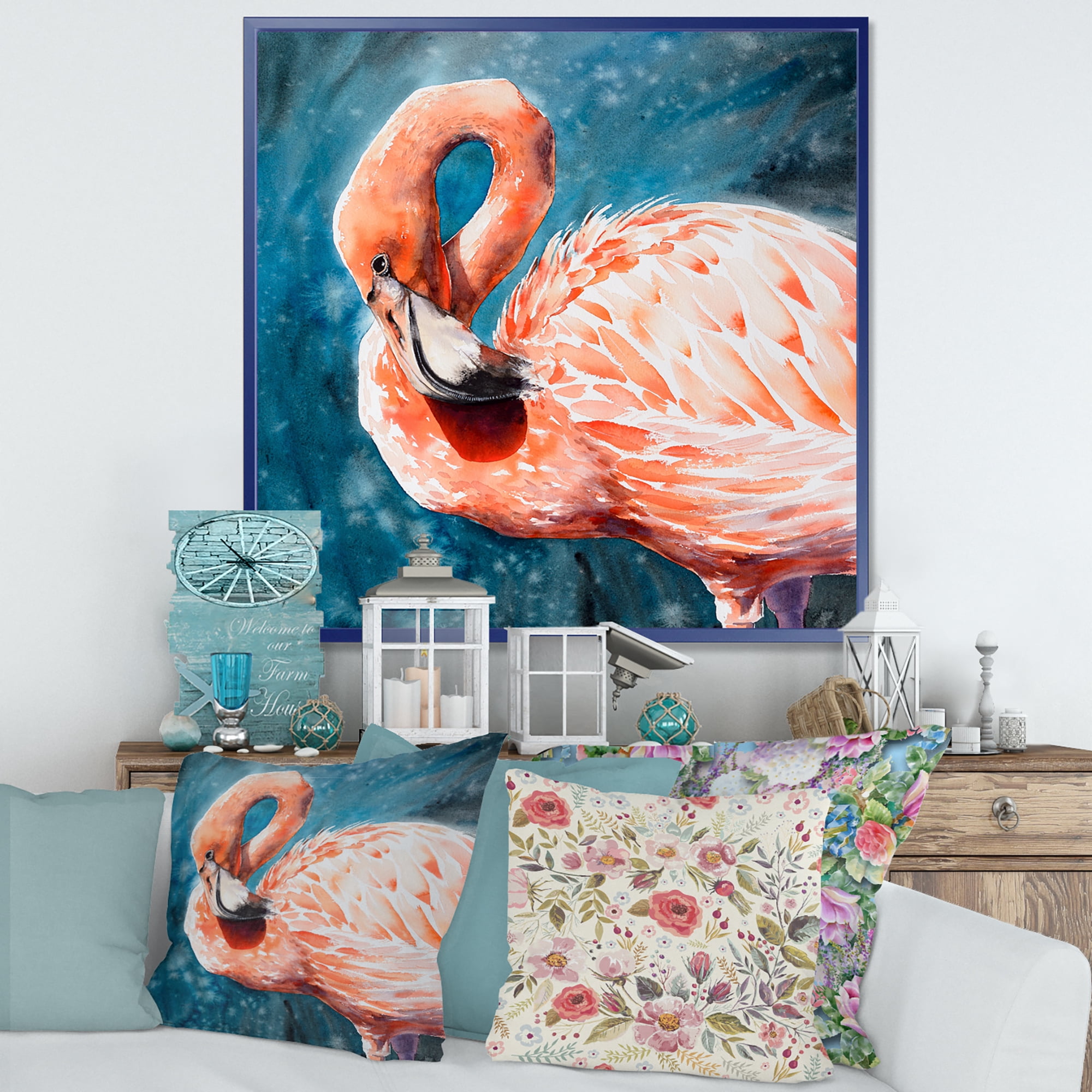 Designart 'Pink Flamingos Love Birds In Blue Water II' Farmhouse Framed Canvas Wall Art Print