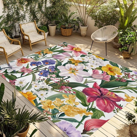 Vibrant Tropical Floral Outdoor Rug 3x5 Ft - Reversible Patio Rug Outdoor Camping Rugs, Leafy Greenery Multicolored Botanical Indoor Outdoor Area Rugs, Non-Slip Outdoor Carpet Runner for Deck/Porch