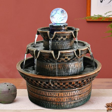 Fichiouy 3 Tier Table Top Water Fountain Zen Meditation Rolling Ball Waterfall with LED Light