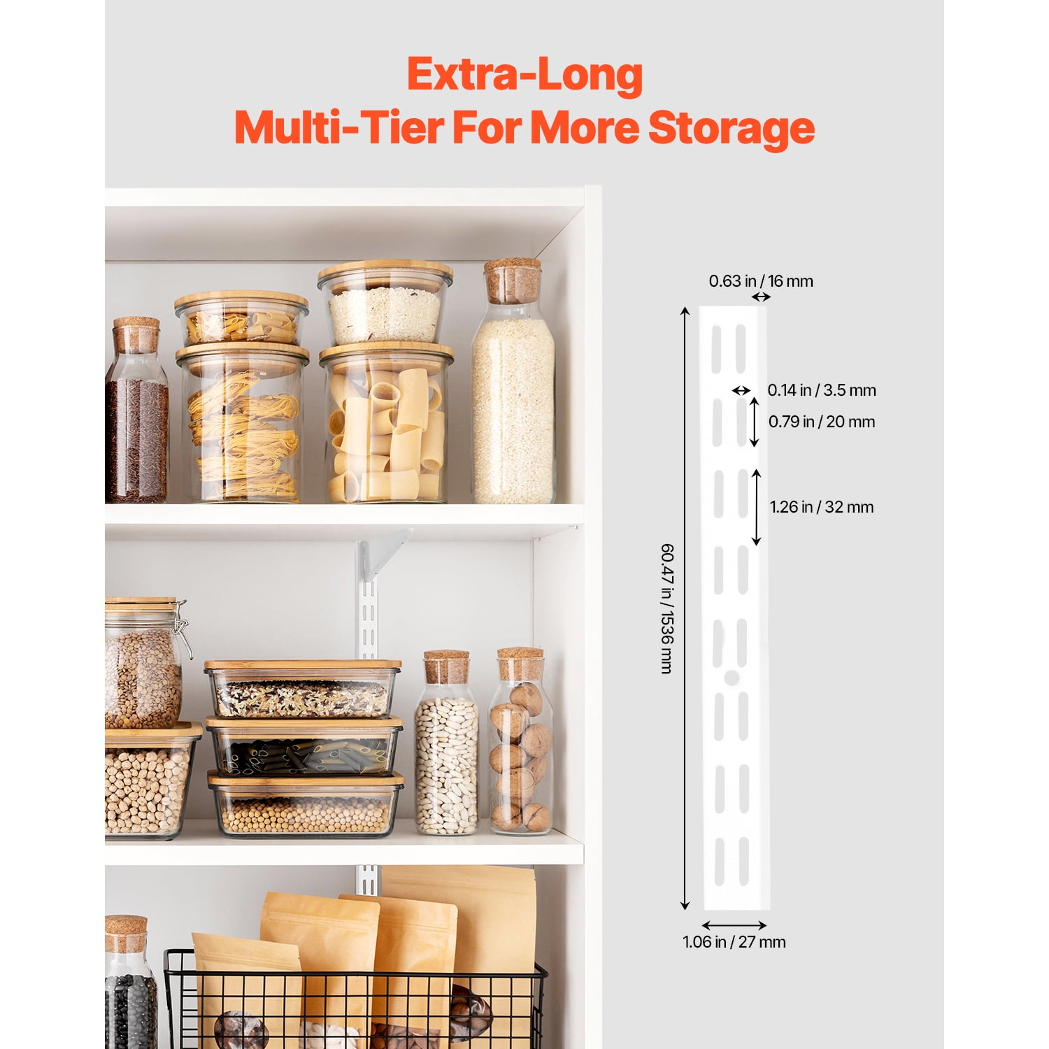 KFFKFF Wall-Mounted Dual Track Shelves, 5-Pack, 60-inch, Robust Twin Slot Shelf Rails, Comes with 25 Screws, Ideal for Cabinet Closet Storage Arrangement, Silver