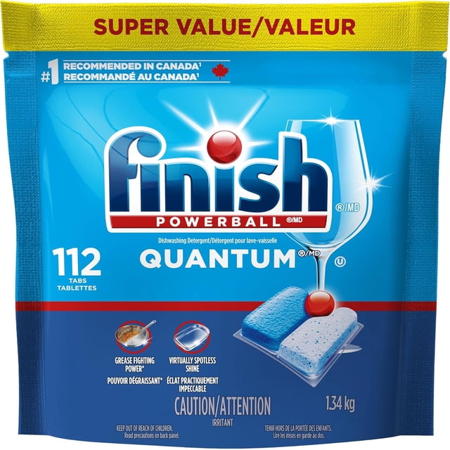 Finish Quantum Dishwasher Detergent Pods, 3-Chamber Formula with Powerball Action, No Pre-Rinse, Grease & Stain Removal, Scrubs Dried-On Food, Deep Clean & Sparkling Shine, 112 Tabs