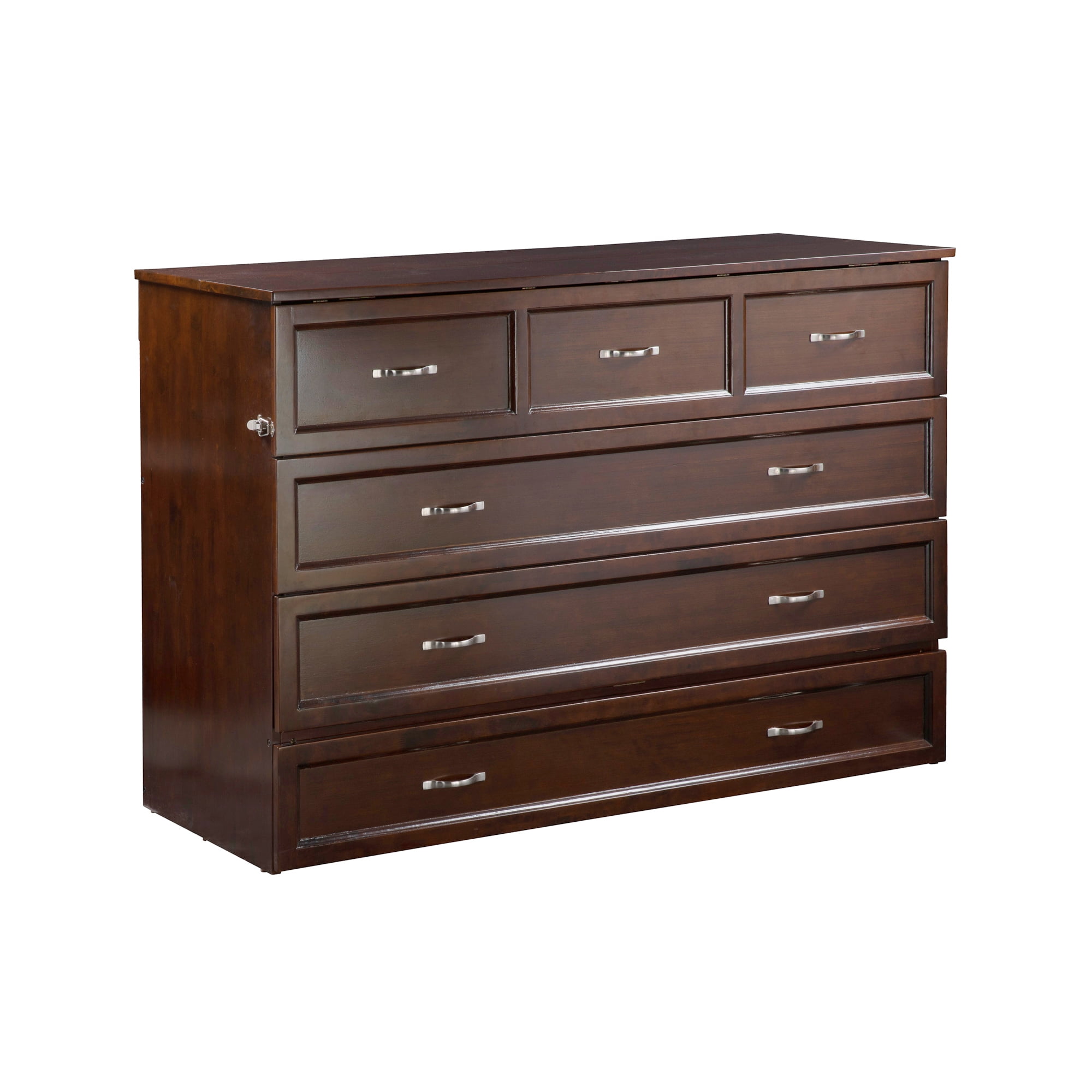 AFI Deerfield Queen Solid Wood Murphy Bed Chest with Mattress, Drawer & Charger in Walnut