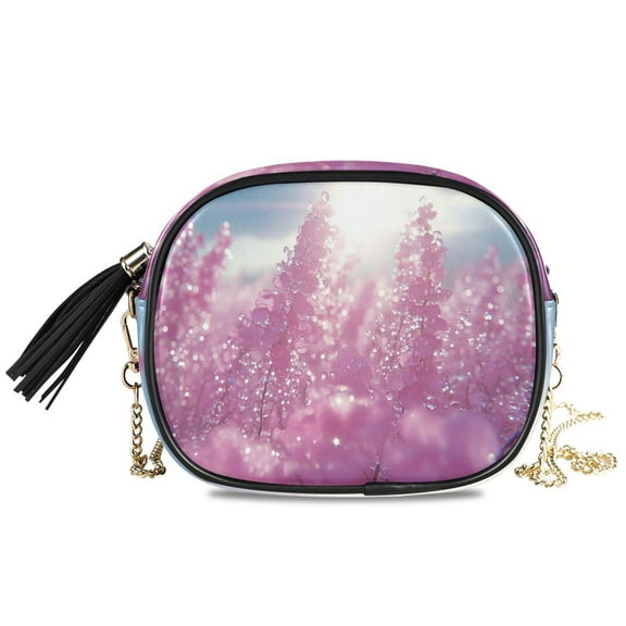 Womens Casual Chain Shoulder Bag Simple style Pink Flowers with Morning Dewdrops Crossbody Bag