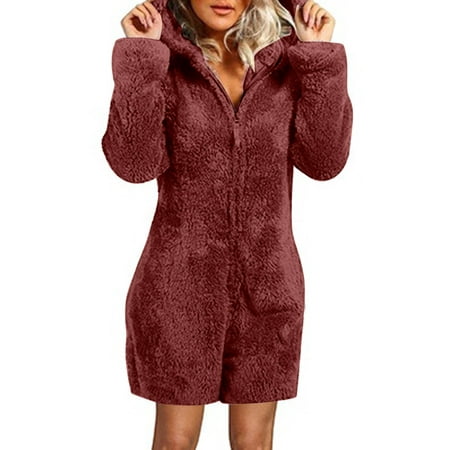 

Onesie Pajamas for Women Flannel Fuzzy Long Sleeve Hooded Jumpsuit Pajamas Casual Winter Warm Romper Sleepwear