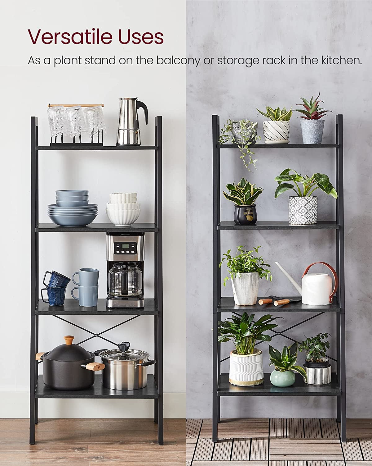 VASAGLE 4-Tier Ladder Shelf Ladder Bookshelf Bookcase Storage Rack with Steel Frame Charcoal Gray and Black
