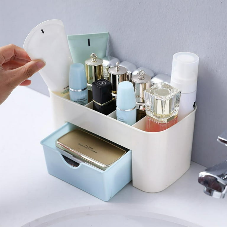 Makeup Organizer Plastic Cosmetic Organizer Box Fully Open Makeup Display  Boxes, Skincare Organizers Makeup Caddy Holder for Bathroom, Dresser,  Countertop Bedroom -BLUE 