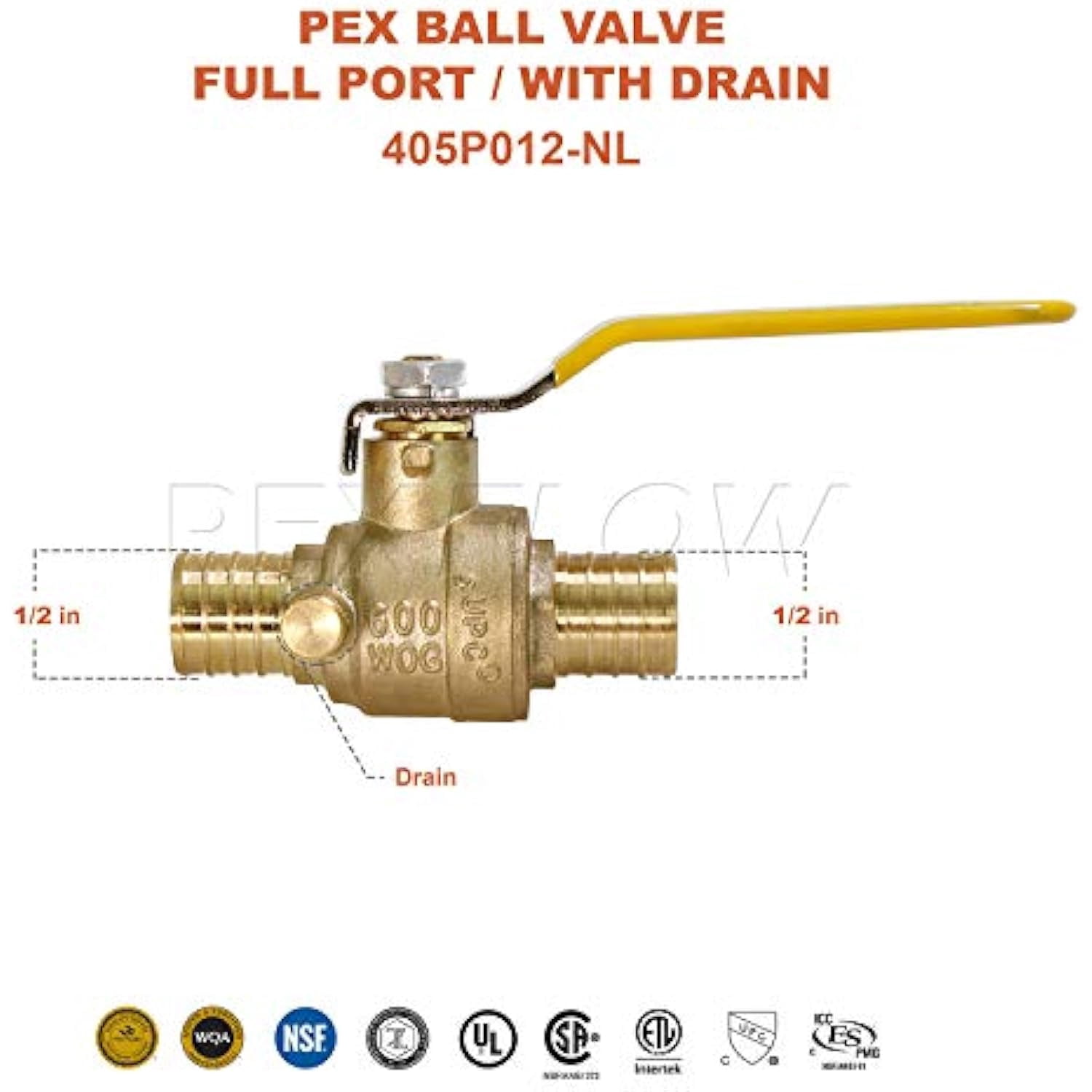 Midline Valve 405P012-NL Brass Full Port Pex Ball Valve 1/2" with Drain-Lead Free