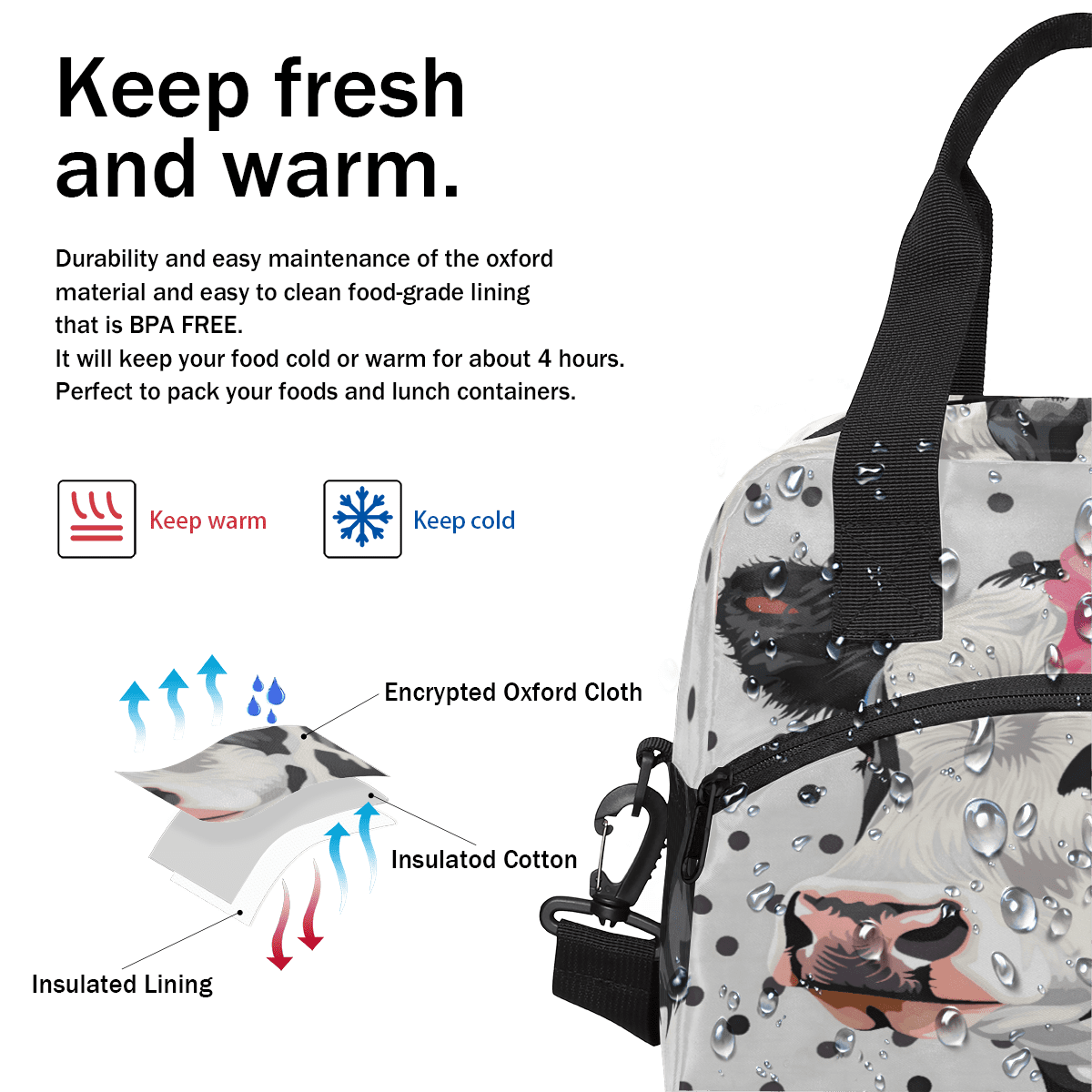 Herdesigns Cute Floral Cow Insulated Lunch Bag for Women Men Adults Large Reusable Lunch Box Leakproof Portable Cooler Tote Bags with Adjustable Shoulder Strap