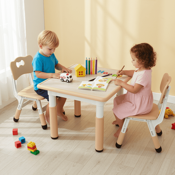 TLSUNNY Kids Table and 2 Chairs Set, Toddler Adjustable Height Activity Table and 2 Chairs, with Graffiti Desktop and Anti-Slip Legs, for Ages 2-8