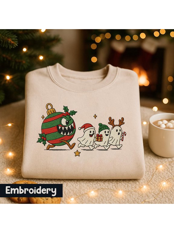 Embroidered Festive Ornament Monster Eating Ghost Christmas Shirt, Merry Christmas 2025 Shirt, Christmas Pacman Sweatshirt, Gift For Gamer
