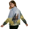 thumbnail image 3 of COEQINE Women's Bomber Jacket Zip Up Long Sleeve Varsity Shackets Lightweight Coat with Pockets, Stand Collar Loose Fit Casual Jacket Fall Winter Outfits, Small, Horse Floral Yellow, 3 of 7