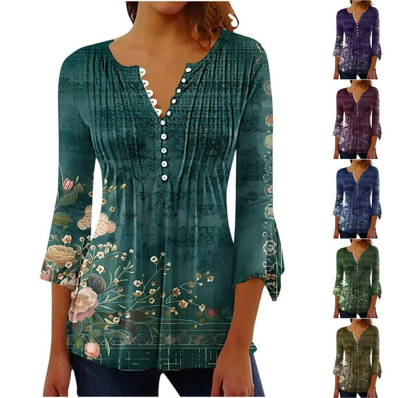 Wiyuqeen Womens Tops Hide Belly Shirts Summer Pleated Button V Neck T-Shirt Causal Empire Waist A-Line Floral Tunic Tops