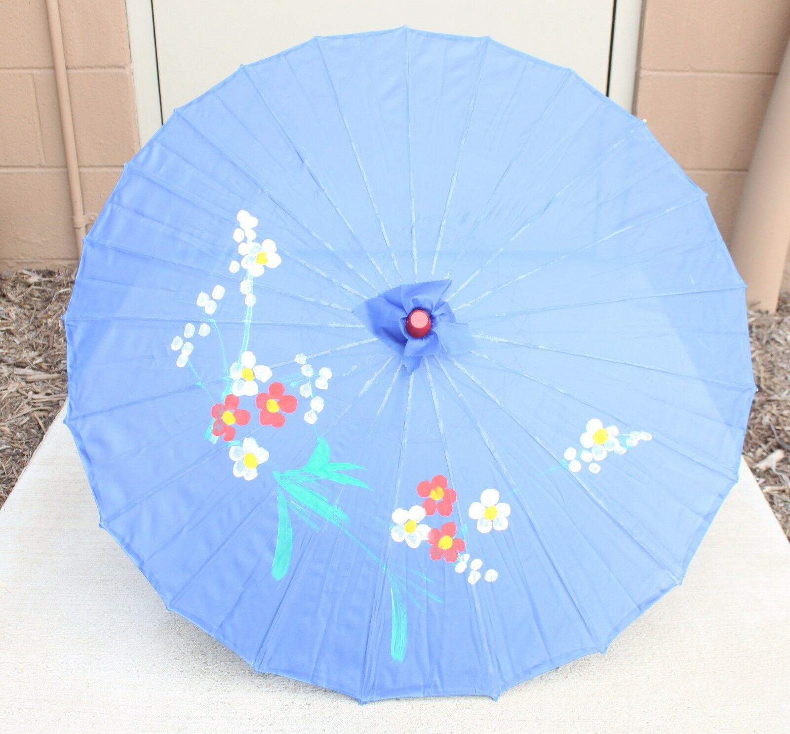 32" Inch Dia White Floral Wood Bamboo Nylon Parasol Umbrella Decoration Gift 