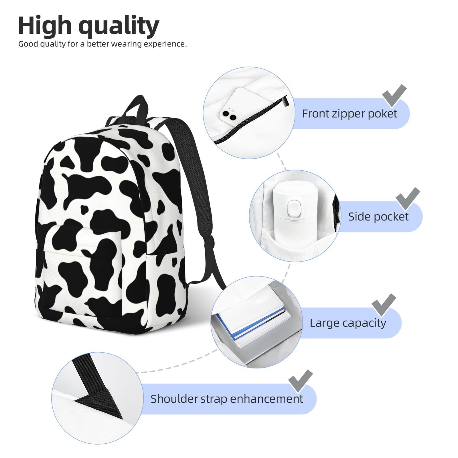 Casual Canvas Backpack Without Interlayer Large Capacity Stick Bag Design For Outdoor Shopping Office Outdoor Sports Simple Cow Print Pattern, Vector Art Style_4 Medium