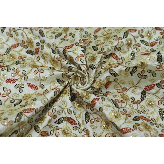 TRILOKI Flower Fabric Multicolor5 Embroidery Poly Raw Silk 44, 38 Work Sewing DIY Crafting Fashion Design Fabric By The Yard