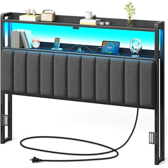 XH Headboard for Queen Size Bed with Storage, 60,000 DIY Color of LED Light, Head Board with USB & Type C Port, Height Adjustable, Black Upholstered Cabeceras de Cama Comfortable Modern, Linen