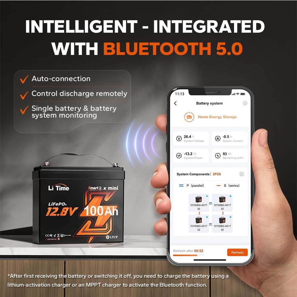 LiTime 12V 100Ah MINI LiFePO4 Battery 100A BMS Bluetooth Lithium Battery for RV Travel Trailers