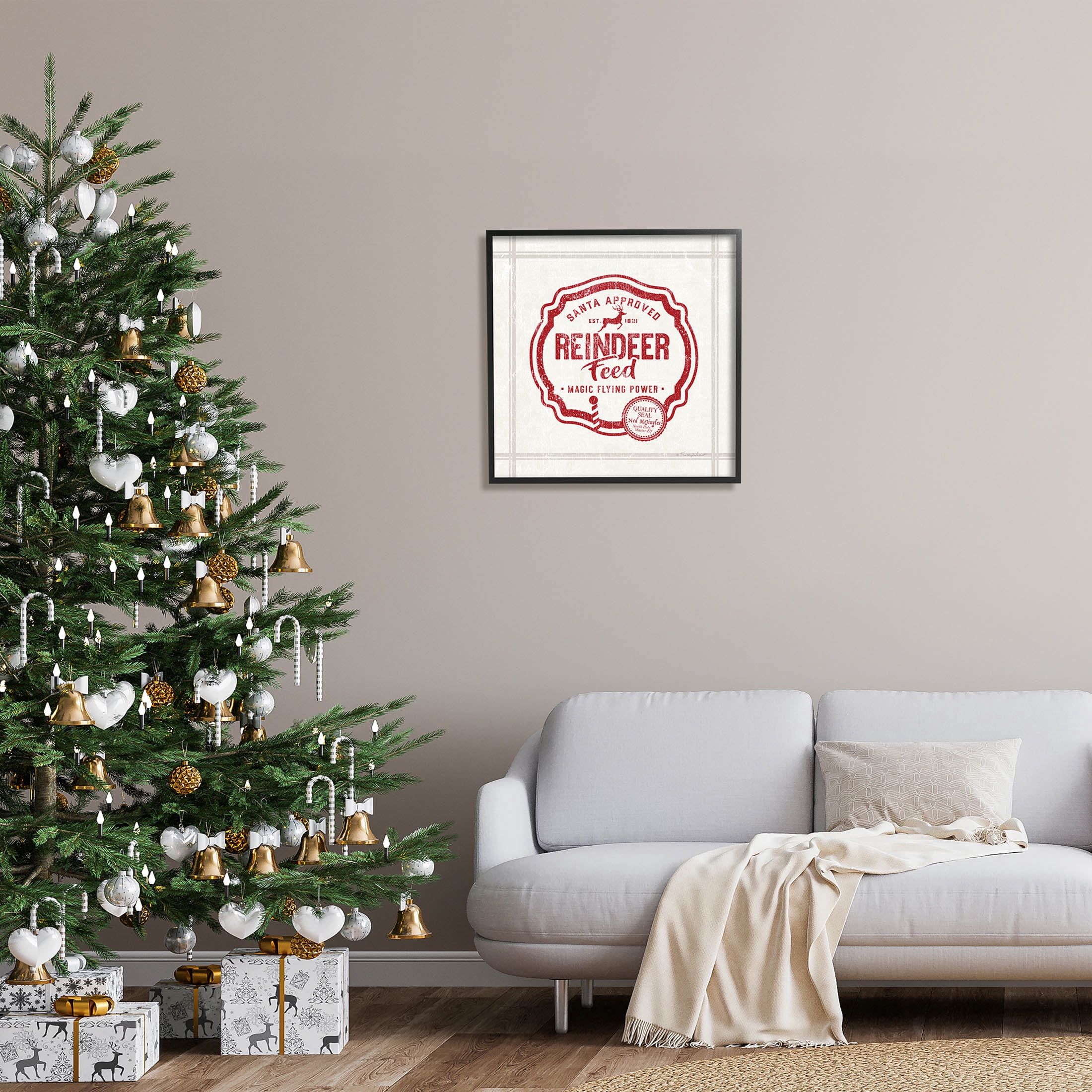 Vintage Christmas Reindeer Feed Holiday Graphic Art Black Framed Art Print Wall Art