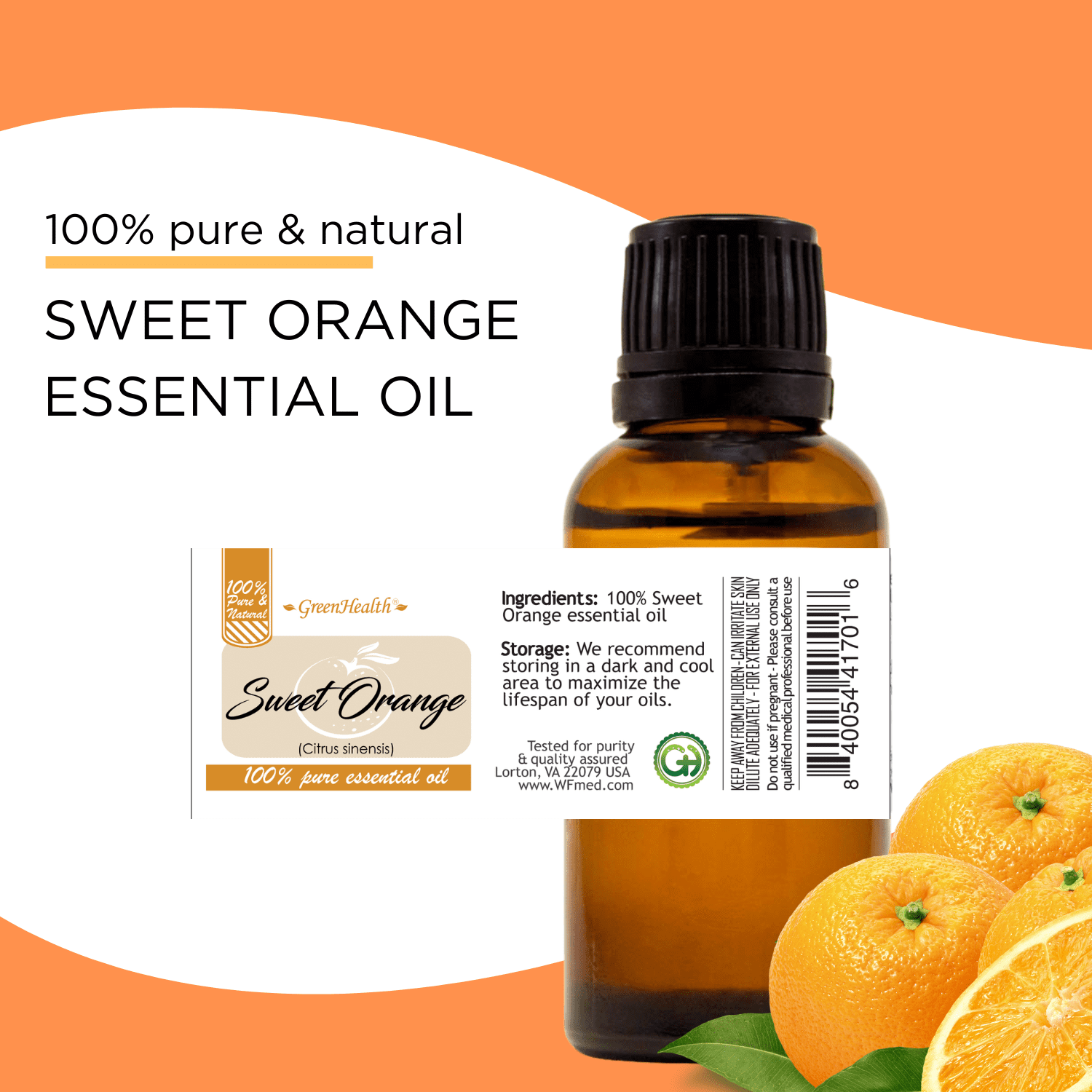 GreenHealth Sweet Orange Essential Oil 32 fl oz (946 ml) Aluminum Bottle with Plug Cap