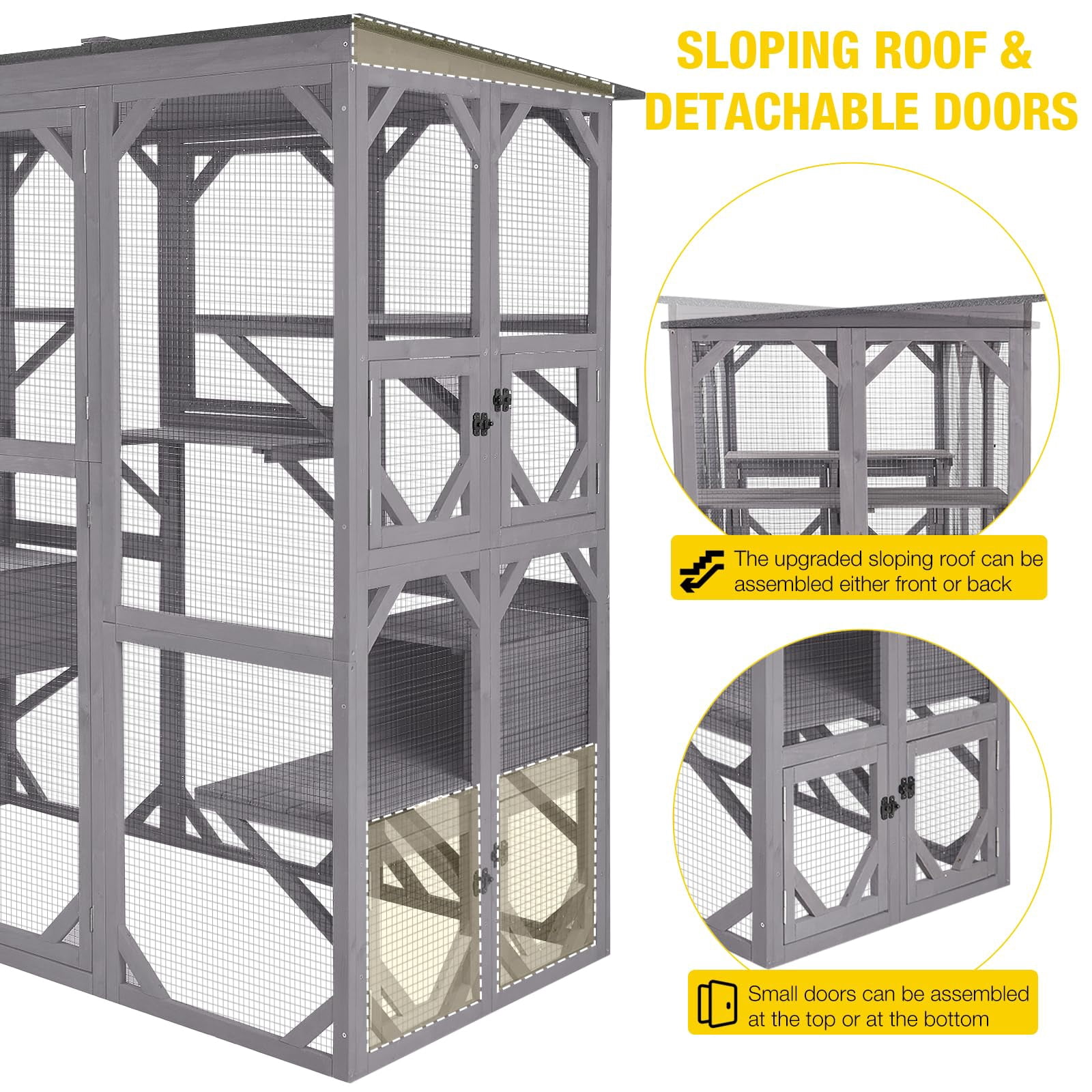 Wooden Catio Outdoor Enclosure with Extra Large Entry Door, Multi-Level Platforms for Climbing, Indoor Cat Playpen with Two Sleeping Houses, Grey