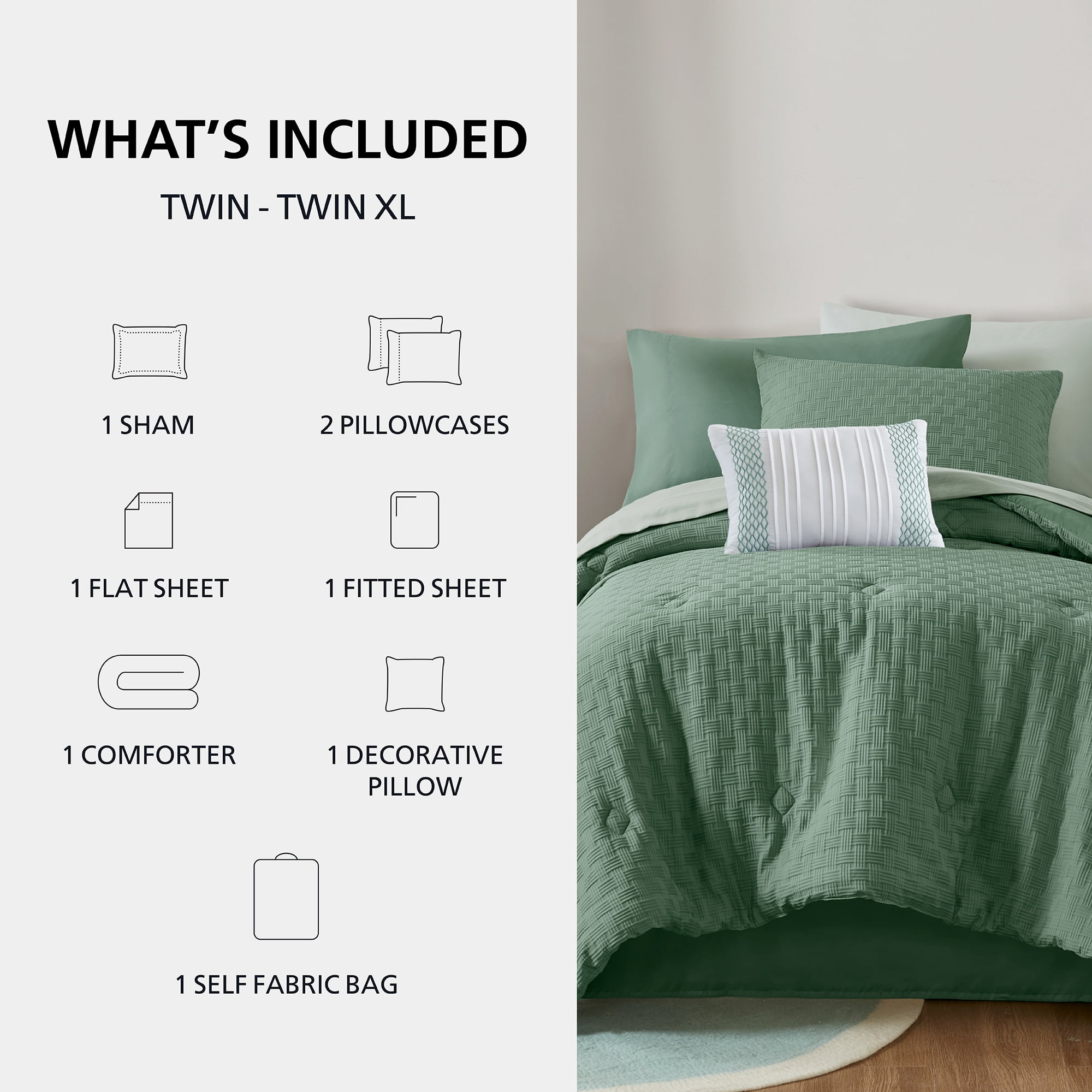 Mainstays 8-Piece Bed-in-a-Bag Comforter Set with Sheets, Twin/Twin-XL, Green Basketweave