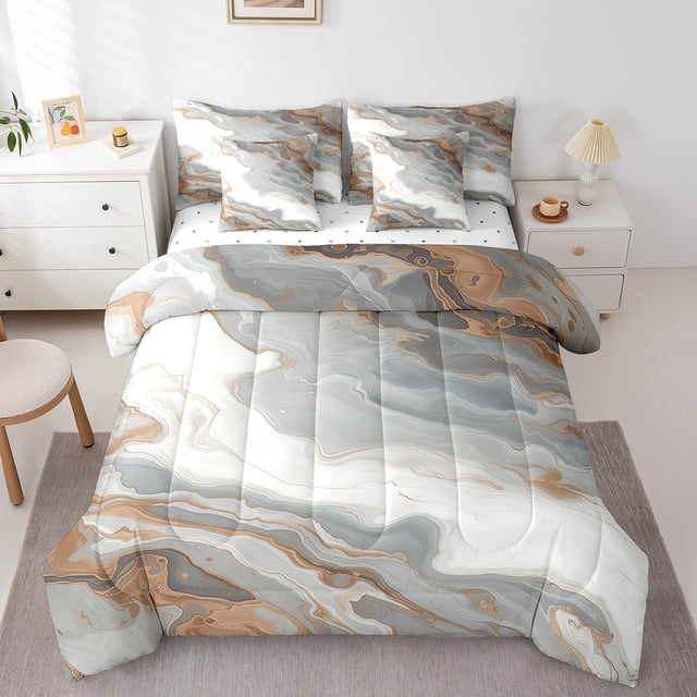 YST Gray Watercolor Bedding Set, 7-Piece, Twin Size, Modern Abstract Art, Microfiber, Marble Design