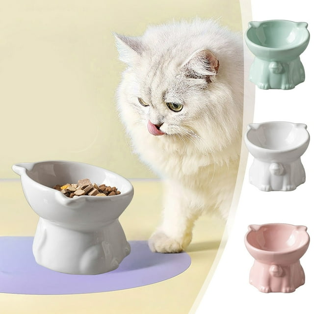 Plato de comida para gatos Plato elevado de cerámica para mascotas | Gran capacidad 250ml | Diseño elevado y mono | Protege el cuello y reduce la fatiga del bigote | Cuenco Ancho, Poco Profundo y