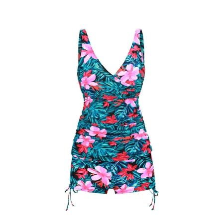 FORTANT Women s Floral Print Plus Size Two Piece Tankini Swimsuits Ruched Tummy Control Tankini Top with Swim Shorts  Size S-4XL