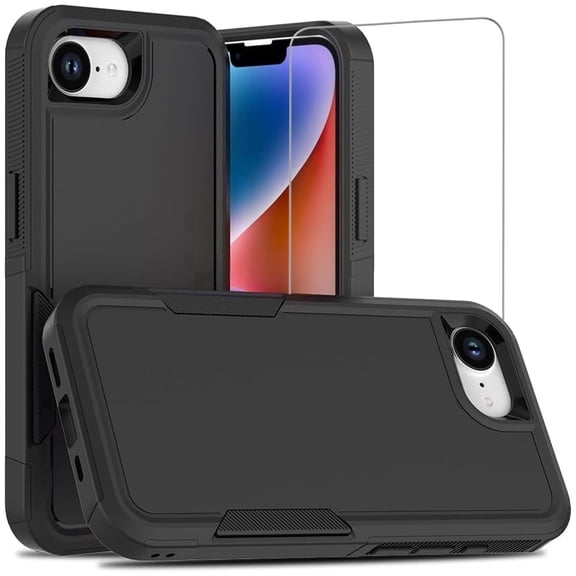 Phone Case for iPhone 17e / iPhone 16e, with Tempered Glass Screen Protector, Heavy Duty Rugged Shockproof Full Body Protection Cover (Black)