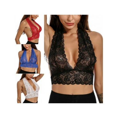 

Fashion Sexy Lace Deep V Openwork Halter Sexy Bra Solid Color Lace Jacquard Bra