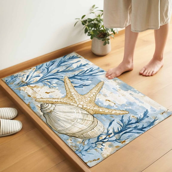 Ocean Life Door Mat 16x24 Inch Marine Coral Shell Algae Starfish Oil Painting Entryway Rug with Non-Slip Rubber, Inside Floor Mats Front Door Rug for Living Room Bathroom Bedroom Home Office