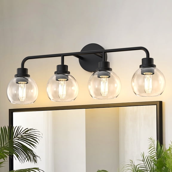 YANSUN 26 in 4-Light Black Bathroom Vanity Light with Clear Globe Shades, Modern Wall Fixture for Bathrooms, Hallways
