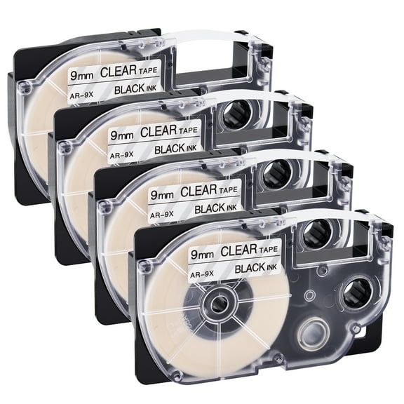 GREENCYCLE 4 Pack Compatible for Casio XR-9X XR9X XR-9X2S Black on Clear Label Tape for KL-120 KL-60 KL-100 KL750 KL780 KL2000 KL7000 KL7200 KLP1000 EZ Label Printer 9mm 3/8 Inch x 8m 26.2Feet
