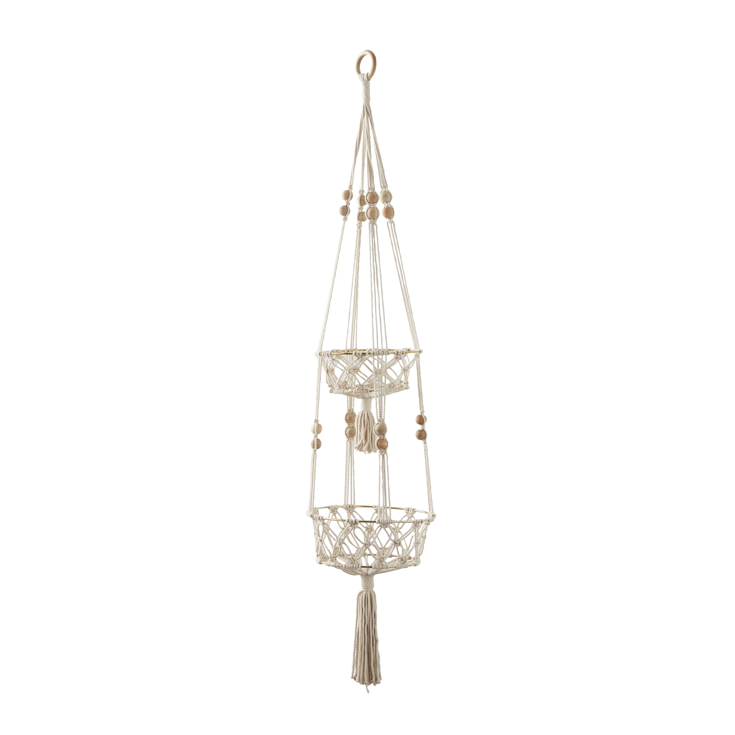 DecMode 10" x 10" x 49" Round White Fabric Handmade Hanging Macrame Wall Planter