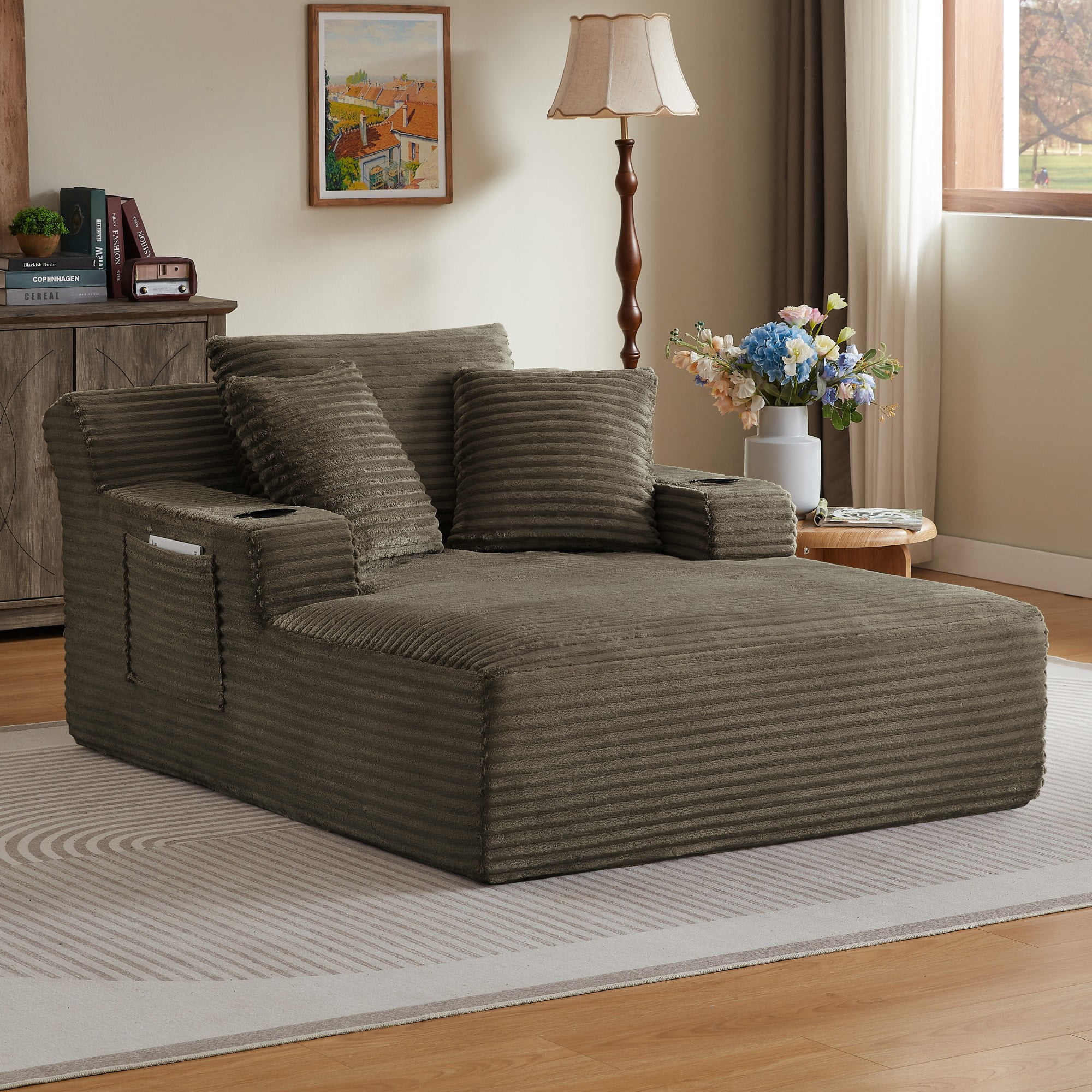BSHTI 66.1" Corduroy Oversized Chaise Lounge Chair with Cup Holder, Side Pockets and Boneless Design for Living Room（Brown）