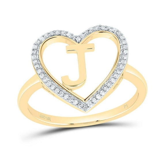 10K Yellow Gold Diamond Women's Block Letter J Initial Heart Frame Ring 1/10 CT