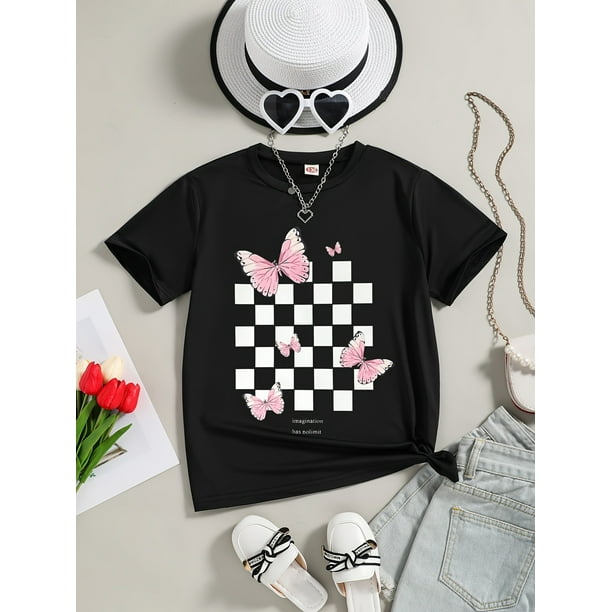 Girls Fashion Summer Plaid Butterfly Print Casual Short Sleeve Top