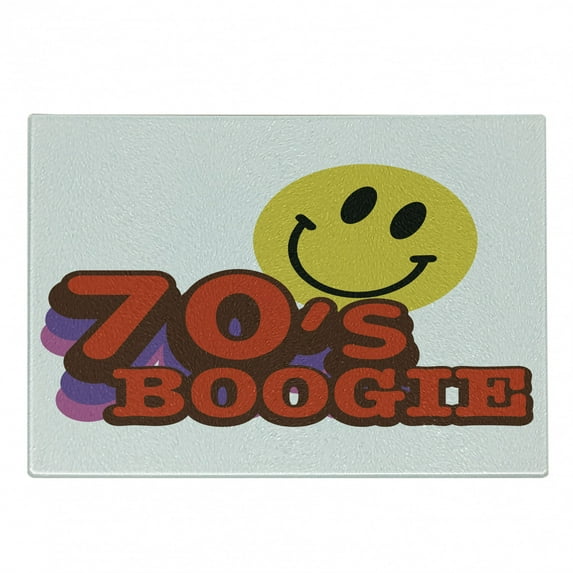 70s Party Cutting Board, Seventies Boogie Funny Smiling Emoticon Humorous Amusing Vibrant Print, Decorative Tempered Glass Cutting and Serving Board, Small Size, Yellow Red Purple, by Ambesonne
