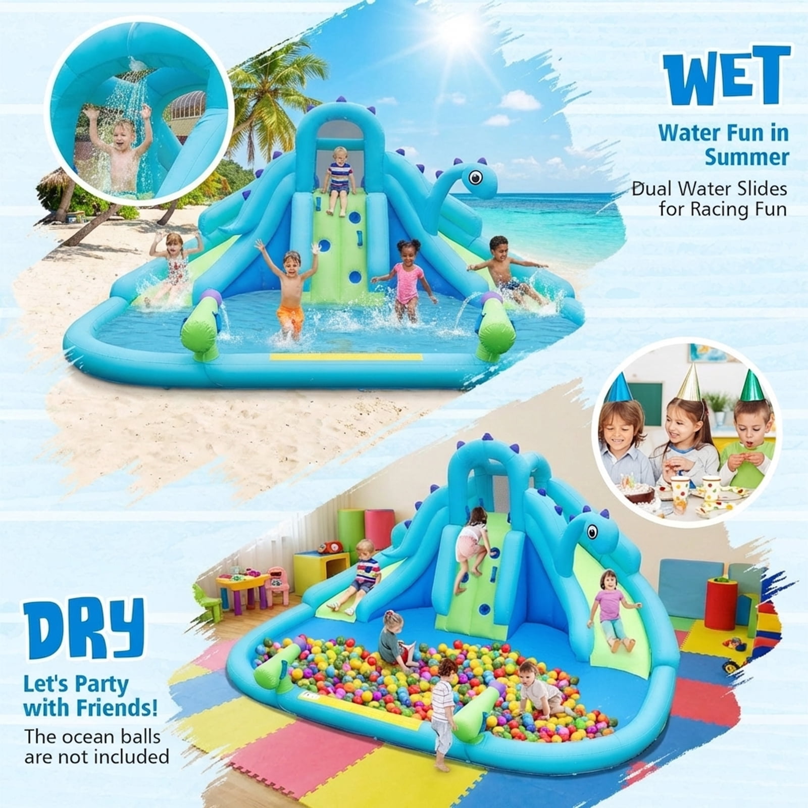 Redsmile Inflatable Water Slide with Dual Slides and Large Splash Pool and Carry Bag (with 584W Blower) - Multicolor
