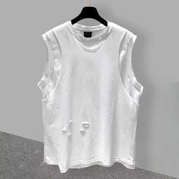 FRSASU Men's Ripped Tank Tops Summer Sleeveless Cotton Distressed Solid Color Destroyed Sports Undershirts White